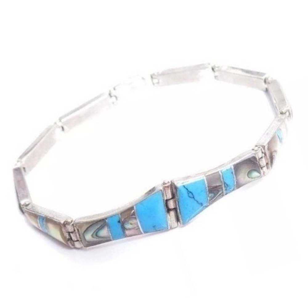 STERLING SILVER TURQUOISE ABALONE INLAY LINK BRACELET‎ NATIVE AMERICAN STYLE